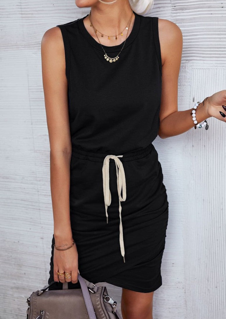 Black Tank Dress with Front Tie and Ruching