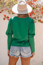 Green Satin Cuffed Sleeve Shirt