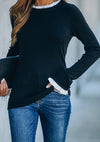 Black Solid Ruffle Crew Neck Knit Sweater