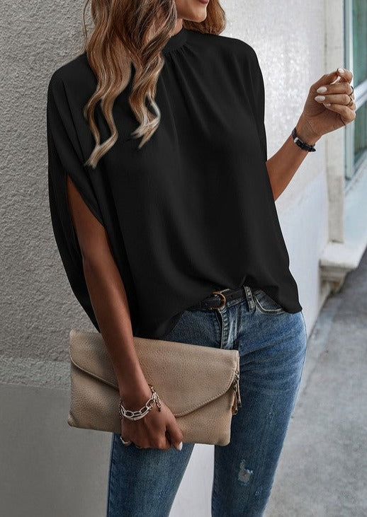 Black Solid Cape Short Sleeve Loose Top