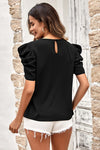 Black Solid V Neck Ruffle Puff Sleeve Blouse